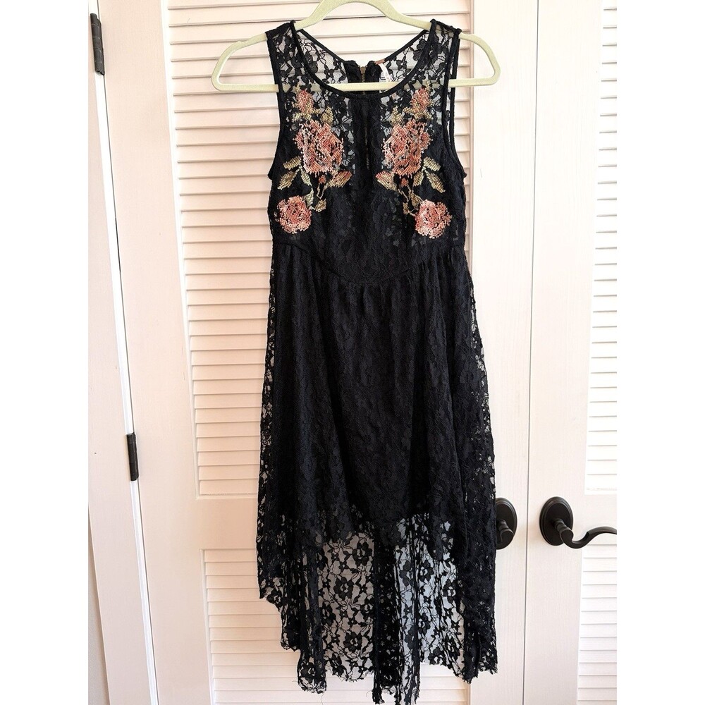 Free People Women’s Small Black Lace Rose Embroidered Hi Low Sleeveless Dress